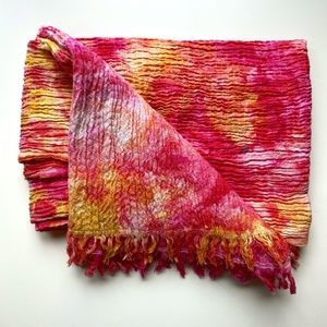 Hand Ice-Dyed Cotton Fringed Blanket Throw - Pink and Gold
